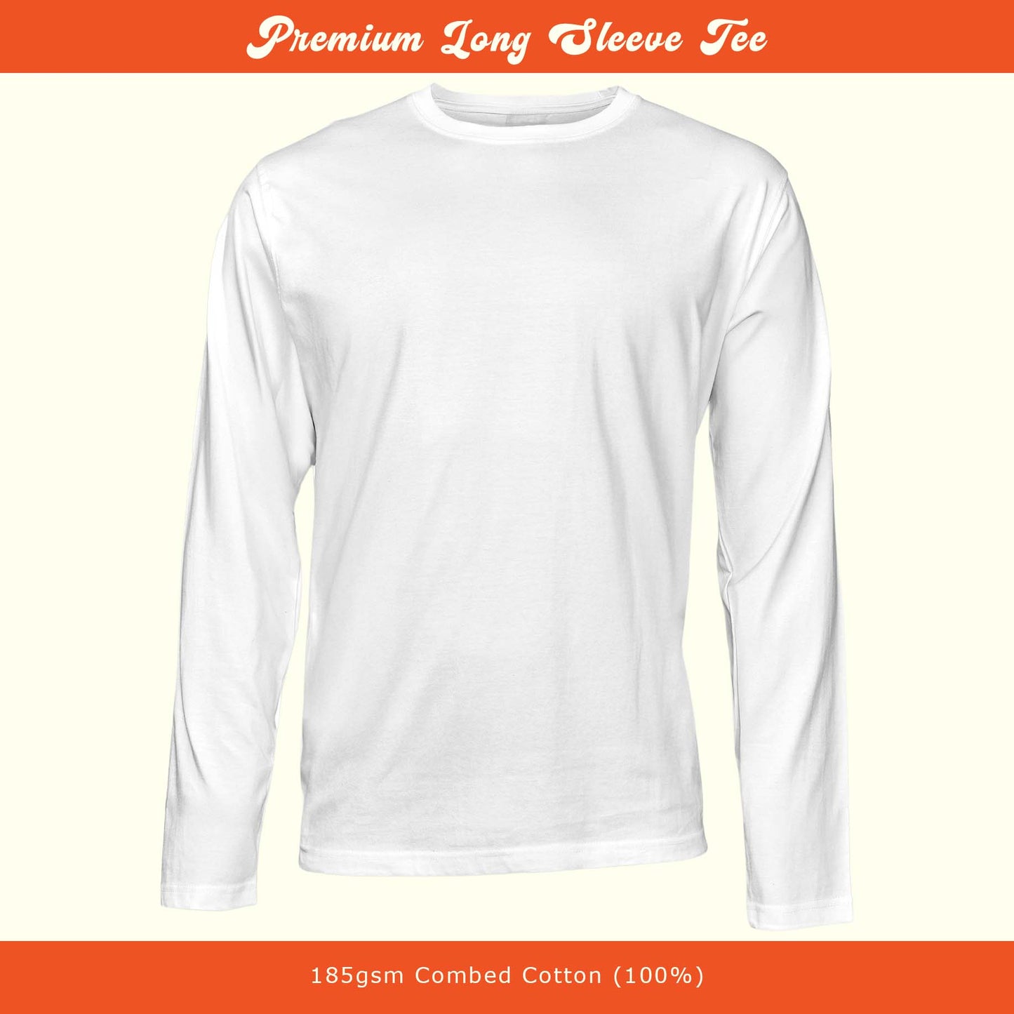 White long-sleeve shirt on a white background with text about material and weight.
