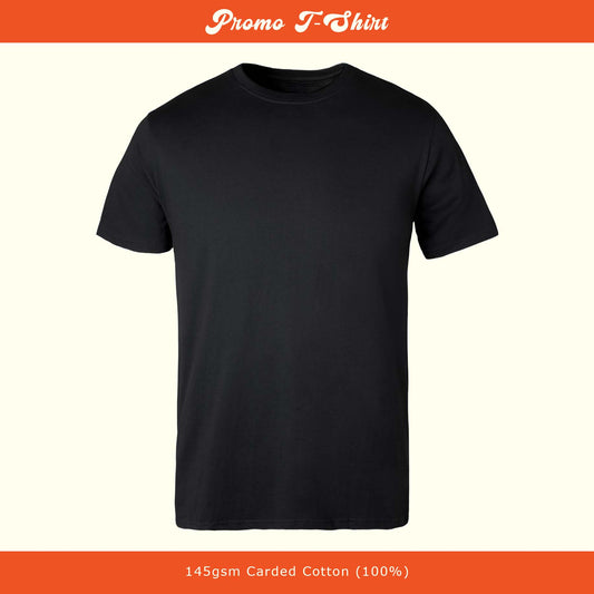 Black t-shirt on a white background with 'Promo T-Shirt' text at the top and weight information at the bottom.