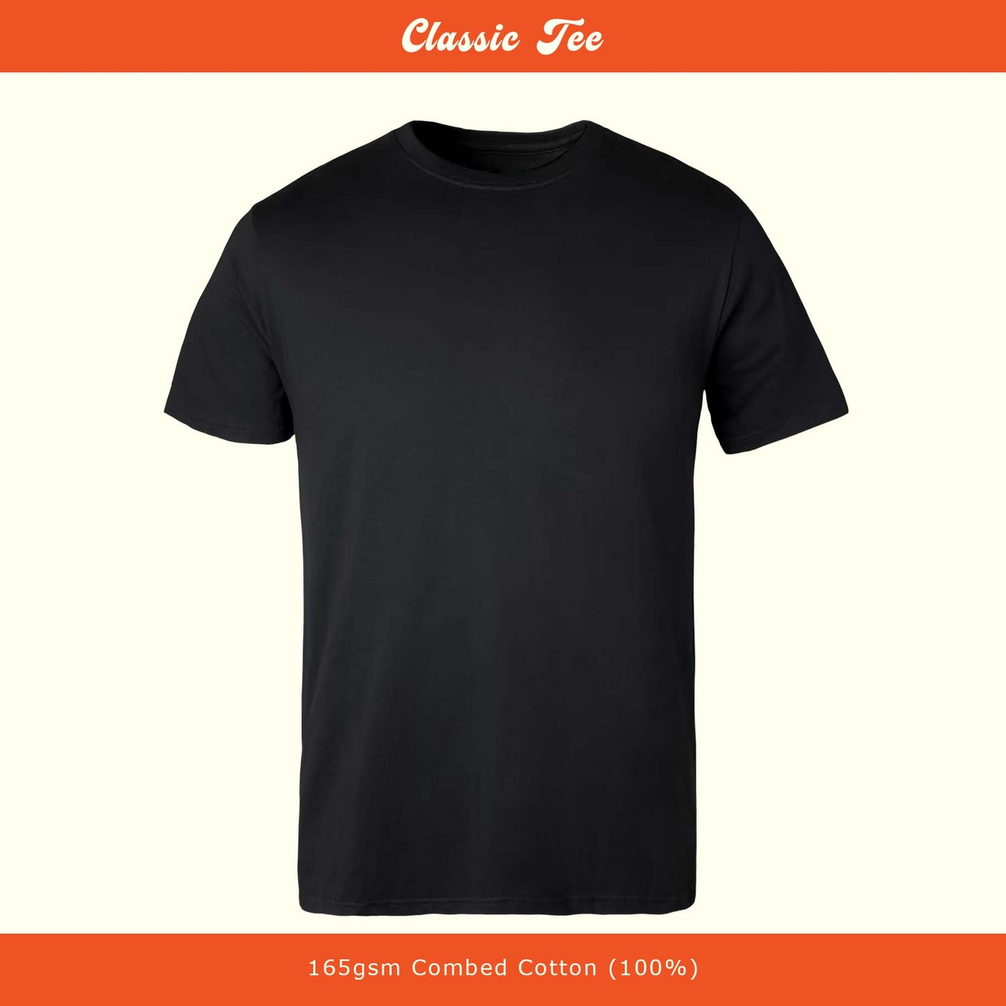 Black t-shirt on a white background with 'Classic Tee' text at the top and weight information at the bottom.