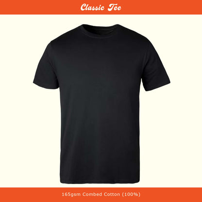 Black t-shirt on a white background with 'Classic Tee' text at the top and weight information at the bottom.