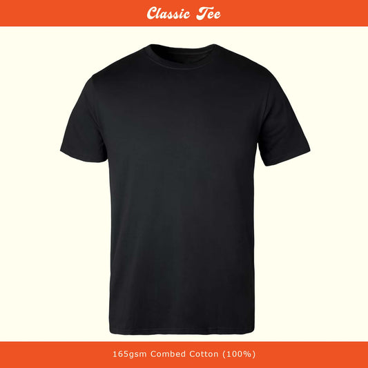 Black t-shirt on a white background with 'Classic Tee' text at the top and weight information at the bottom.