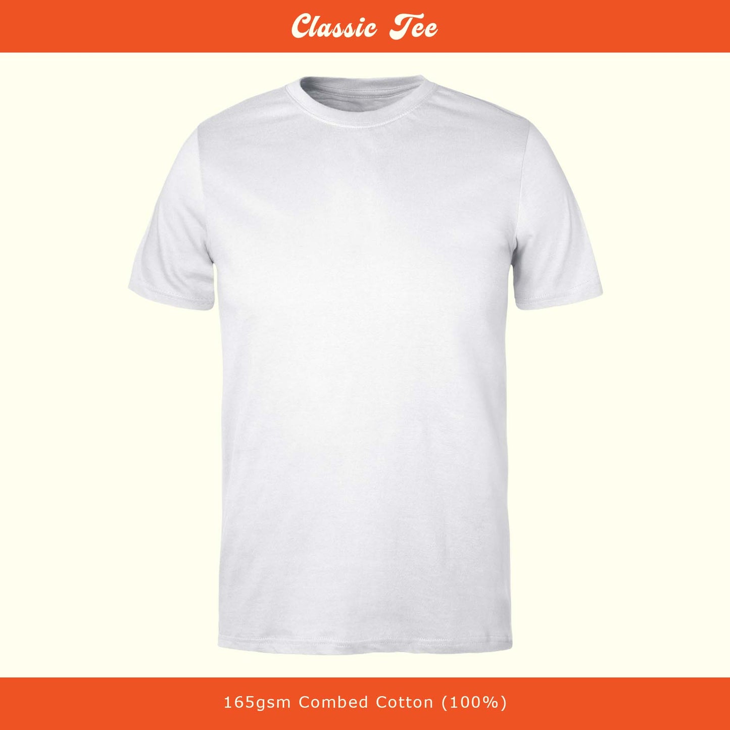 White t-shirt on a white background with 'Classic Tee' text at the top and cotton information at the bottom.