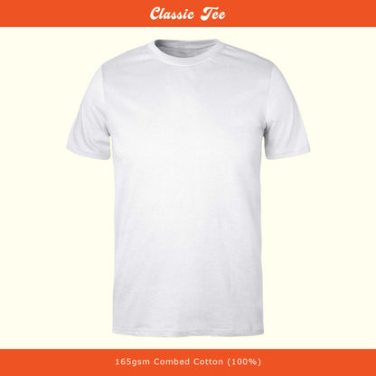 White t-shirt on a white background with 'Classic Tee' text at the top and cotton information at the bottom.