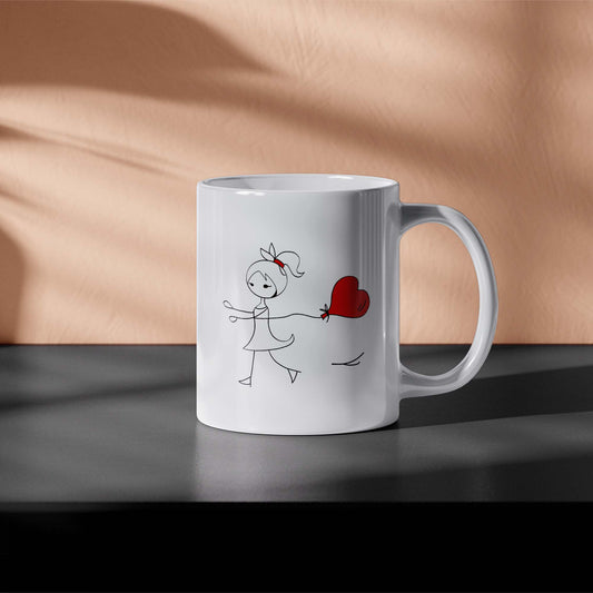 White mug with a drawing of a girl holding a heart on a beige background