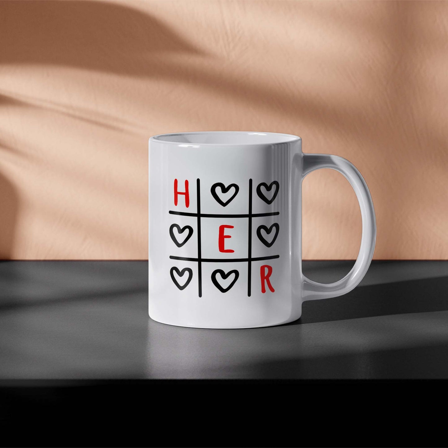 Couples love mug set with heart tic tac toe design