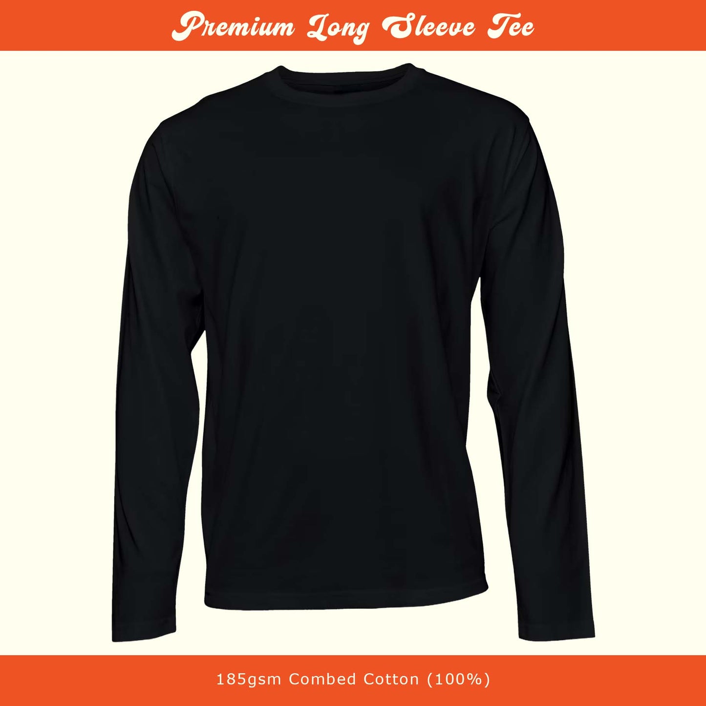 Black long-sleeve shirt on a beige background with text about material and weight.