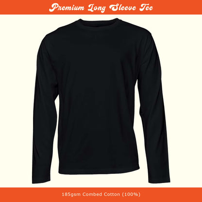 Black long-sleeve shirt on a beige background with text about material and weight.
