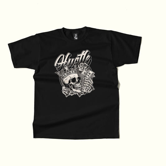 Black t-shirt with skull and roses design and 'Hustle' text on a white background